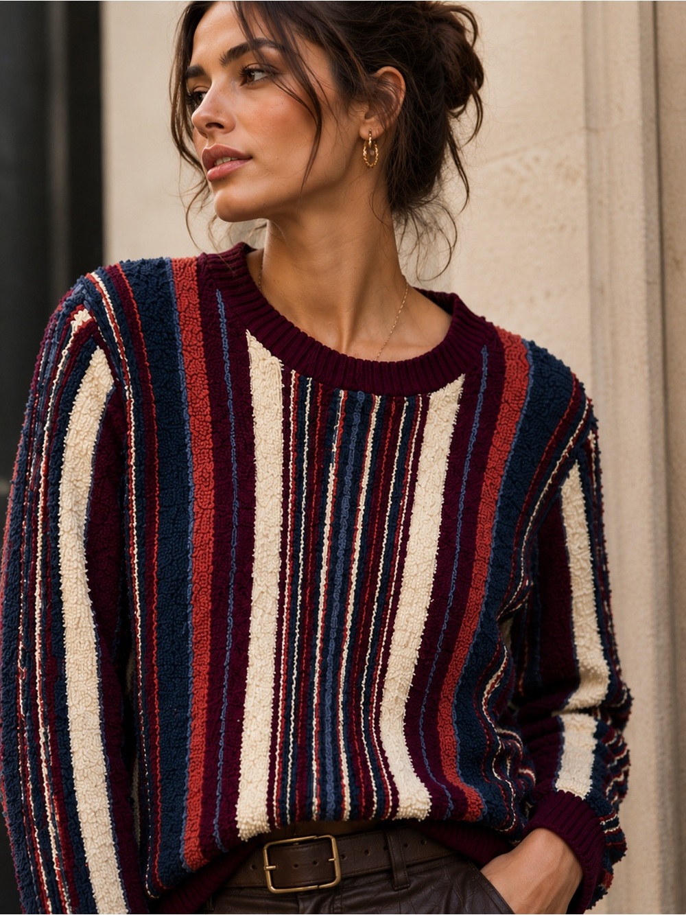 Textured Striped Sweater — Multicolor Burgundy, Navy & Cream | Soft Stretch